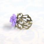 Purple Flower Adjustable Antique Bronze Ring With..