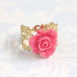 Pink Flower Adjustable Ring With Filigree..