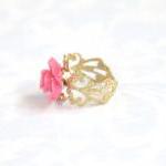 Pink Flower Adjustable Ring With Filigree..