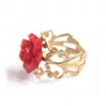 Red Flower Adjustable Ring With Filigree..
