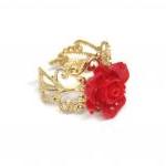 Red Flower Adjustable Ring With Filigree..