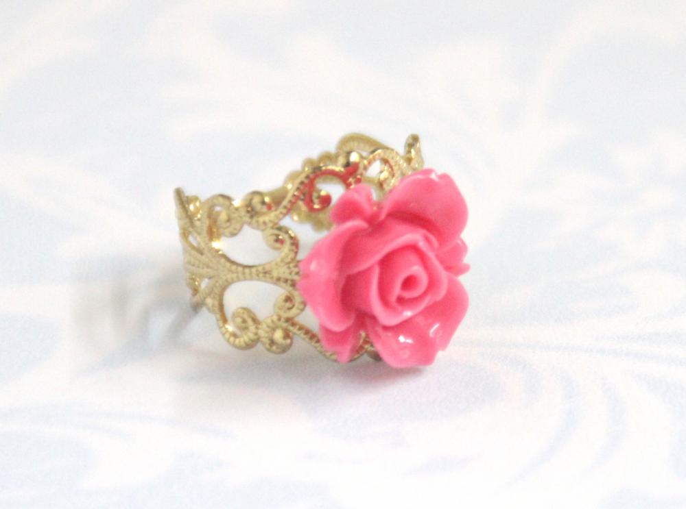 Pink Flower Adjustable Ring With Filigree Accessories Gold Plated