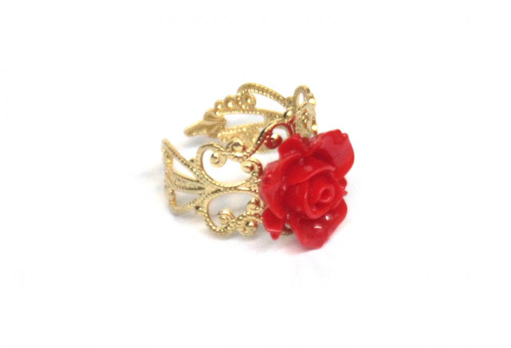 Red Flower Adjustable Ring With Filigree Accessories Gold Plated