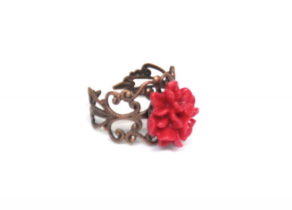 Red Flower Ring Adjustable Copper Ring Resin Filigree Accessories